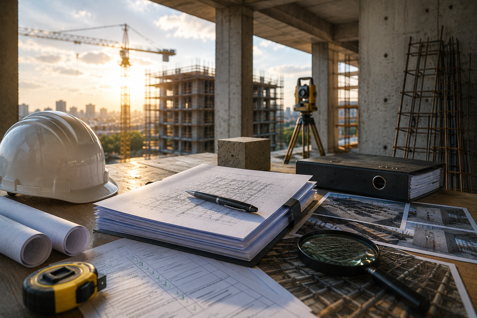 Collaudatore durante il controllo documentale per il collaudo statico di una struttura in cantiere Collaudatore durante il controllo documentale per il collaudo statico di una struttura in cantiere