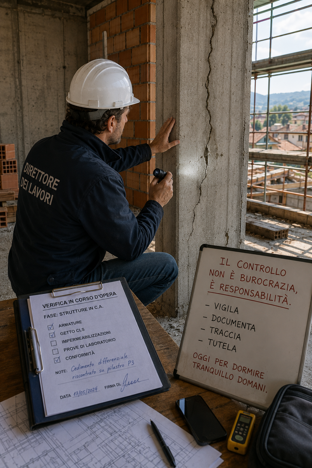 Direttore dei Lavori durante un controllo tecnico in cantiere per la verifica dei difetti costruttivi Direttore dei Lavori durante un controllo tecnico in cantiere per la verifica dei difetti costruttivi