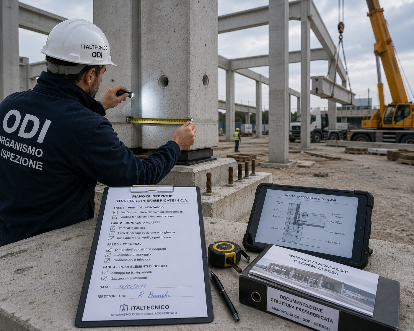 Ispezione tecnica durante il montaggio di una struttura prefabbricata in calcestruzzo Ispezione tecnica durante il montaggio di una struttura prefabbricata in calcestruzzo