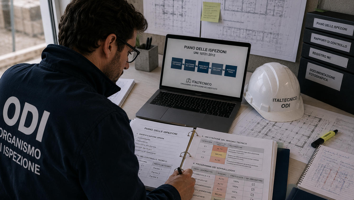 Tecnico durante la redazione del Piano delle Ispezioni per un cantiere edile Tecnico durante la redazione del Piano delle Ispezioni per un cantiere edile